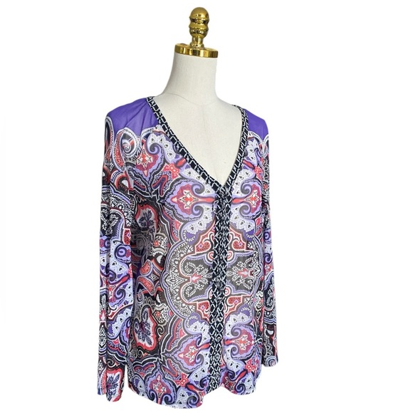 INC International Concepts Vtg Paisley Print Lace-Up Long Sleeve Mesh Y2K Top XL - Picture 2 of 6